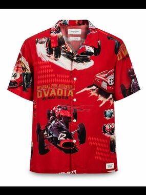 Ovadia & Sons P.J. Tucker Limited Edition Racing Print Rayon Camp Shirt Red L